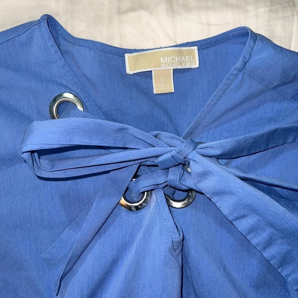 Michael Kors Blue Lace Up Neck Bell Sleeve Blouse Flowy Top NWOT Size M